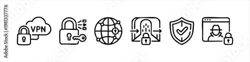 Cybersecurity and VPN Icon Set for Internet Privacy, Data Encryption, and Anonymous Browsing