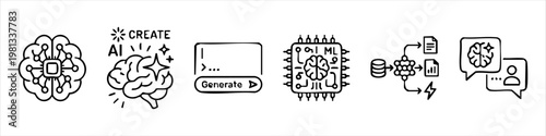 Set of Hand-Drawn Artificial Intelligence and Machine Learning Icons. Collection of Doodle Style AI Technology Symbols for Generative Content, Neural Networks, and Data Processing.