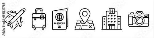 Travel and Tourism Icon Set with Minimalist Black Line Art Featuring Airplane, Luggage, Passport, Destination Map, Hotel, and Camera Symbols