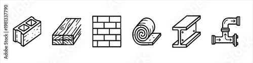 Construction Materials Icon Set Featuring Concrete Block, Wood Planks, Brick Wall, Insulation, Steel Beam, and Plumbing Pipes in Hand-Drawn Line Art Style