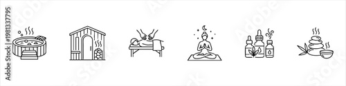 Set of Wellness and Spa Line Icons Featuring Hot Tub, Sauna, Massage, Yoga Meditation, Essential Oils, and Zen Stones