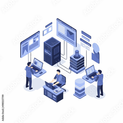 IT professionals working on servers and computers in a data center environment.