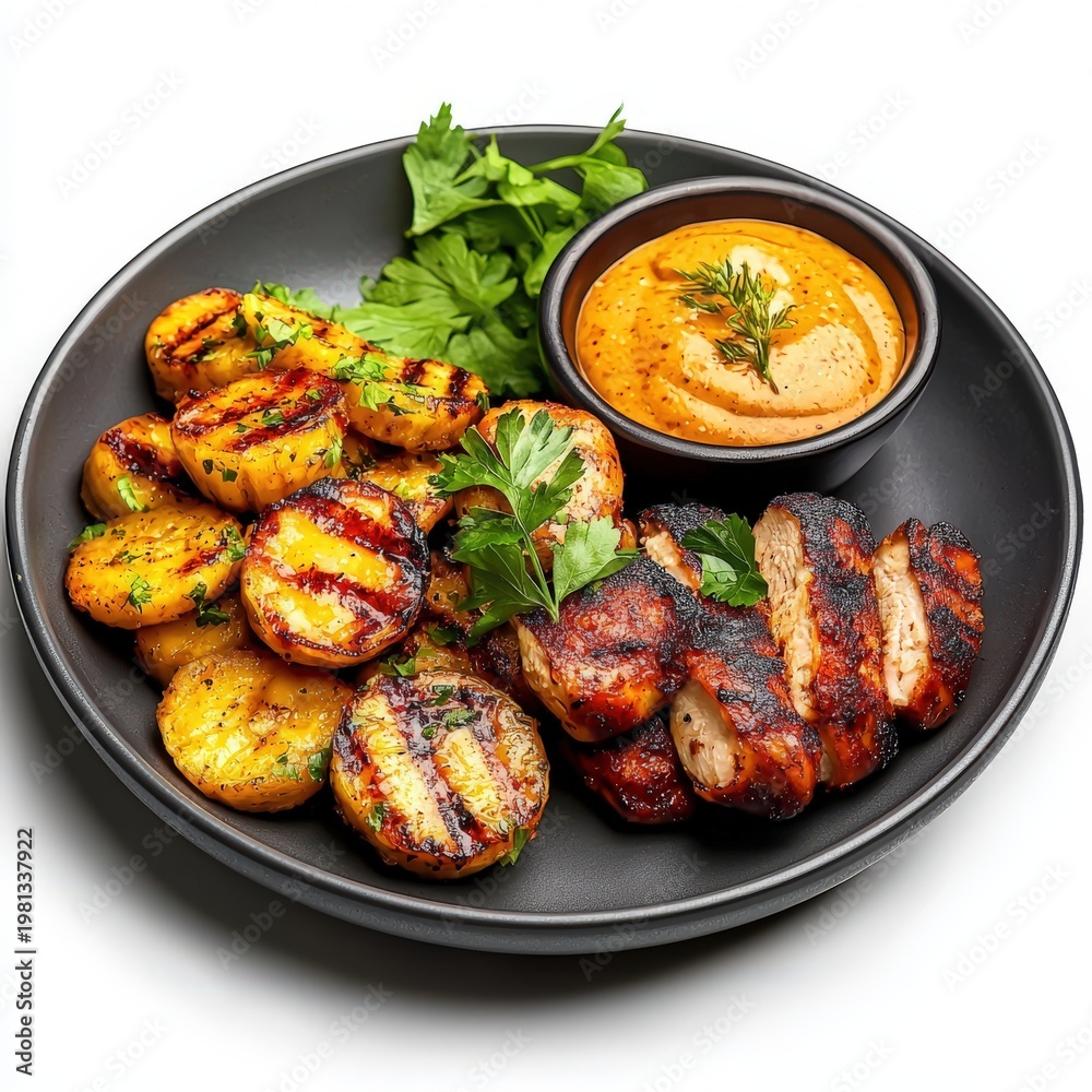Fototapeta premium Delicious grilled chicken skewers and roasted vegetable skewers served with creamy dipping sauce on a black plate with fresh greens for a flavorful Mediterranean meal