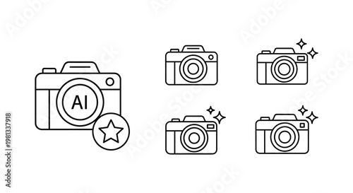 Line art depictions of cameras with ai and star elements silhouette
