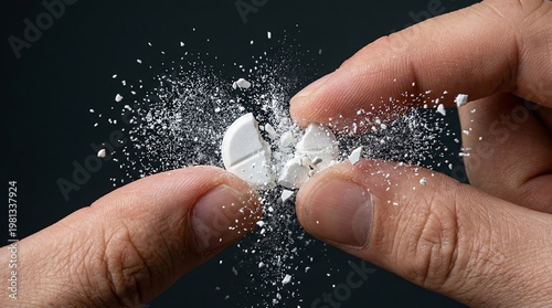 Hand holds a broken tablet with powder falling, showing the process of crushing medication for easier consumption