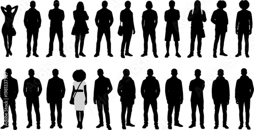 Vector silhouettes man and women, illustration. Silhouettes of young people posing in casual clothes. Transparent background EPS version.