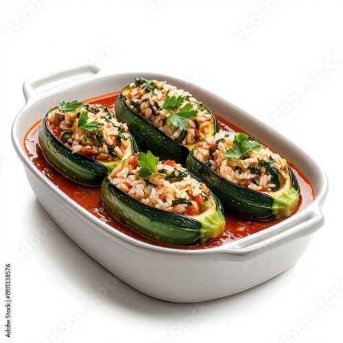 Delicious stuffed zucchini boats filled with seasoned rice vegetables and herbs, baked to perfection, served in a white dish with tomato sauce garnish