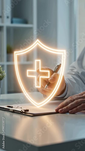 Doctor's hands with a pen at the table, medical shield symbol