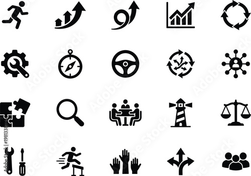 A collection of black and white business icons on a white background