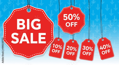 Discounts and sale tags are hanging on strings with various percentages shown