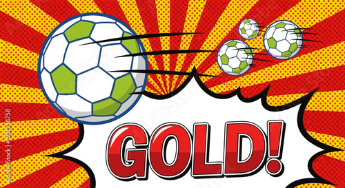 A soccer ball flies through the air with burst of colorful rays and gold speech bubble