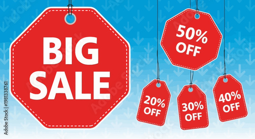 Discount tags with big sale and various percentages off hanging down