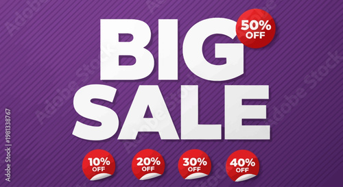 Discount signs show various percentages off sale on purple background