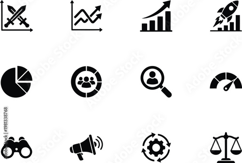 A collection of business and finance icons on a white background