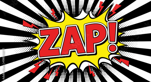 A comic book style illustration of a yellow explosion with red ZAP text