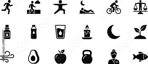A collection of black icons representing various aspects of health and wellness