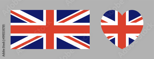 United Kingdom flag rectangular, heart icon, sticker. British flag in rectangle, heart shape badge, background. UK flag symbol. Circular, square button, banner. National sign.