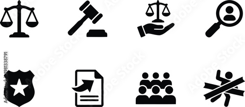 A collection of black and white law icons on a clean background