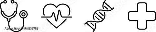 Medical icons including stethoscope, heart rate, DNA and cross on white background