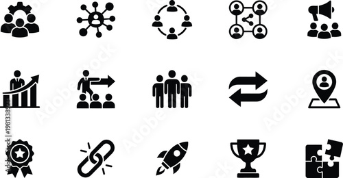 A collection of black and white business icons on a white background