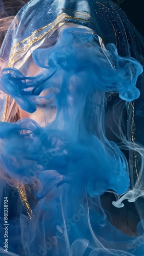 Mysterious Woman Face Emerging from Blue Smoke and Water.