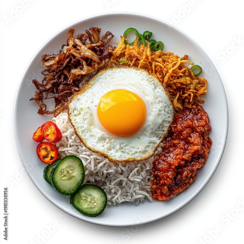 Delicious Asian-style rice plate with fried egg spicy meat vegetables and fresh cucumber chili garnishes traditional home-cooked breakfast meal