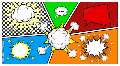 Comic book style illustration of explosive speech bubbles and clouds