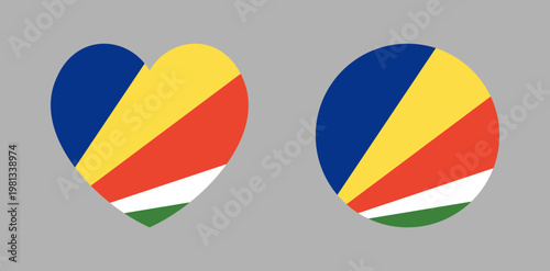 Seychelles flag round, heart button, badge. Set of Flag of Seychelles circle, heart icon, sticker. 