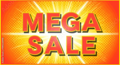 A colorful MEGA SALE sign shines brightly with radiant beams on a textured background.