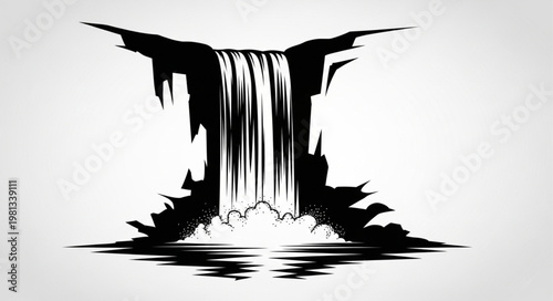 Black and white silhouette of a powerful waterfall cascading into water.