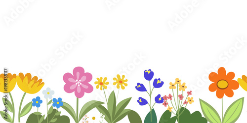 Vector seamless horizontal banner of blossom spring summer flowers. Vector flat style flower landscape border. Wildflowers isolated on white background.