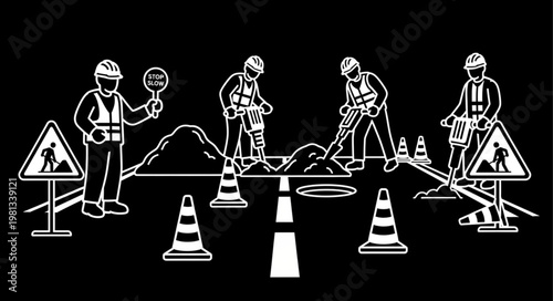 Construction workers performing road maintenance with jackhammers and safety cones.