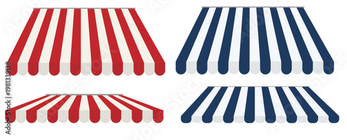 Realistic striped awning marquee in different colours. Vector illustration on white background. Front view.