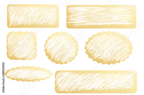 Gold scratch surfaces with new and scraped textures with Win, Prize and money winning text. Set of of winner lotteries, sale coupons, jackpot scratchcards templates. Vector flat  realistic illustratio