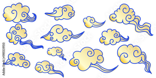 Set korean retro style golden clouds, asian illustration , line art vector decoration gold elements for banners, posters, cards