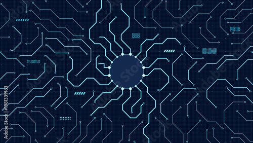 Futuristic circuit board background vector featuring a round central processor and radial signal paths, designed for AI, cloud infrastructure, telecom visuals, and digital innovation themes.