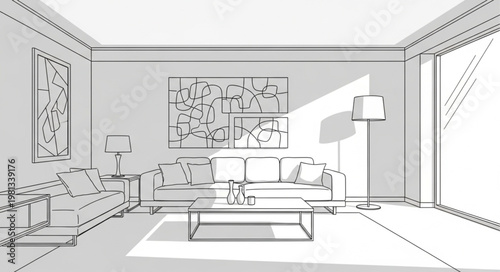 Modern Living Room Interior Design Sketch with Natural Light.