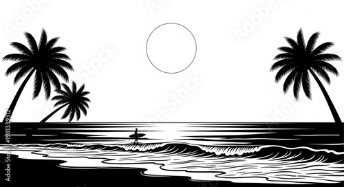 Surfer silhouette on a tropical beach at sunset with palm trees.