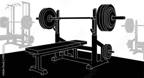 Weightlifting Bench and Barbell with Weights in Gym.