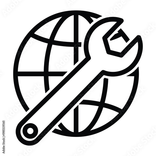 Global repair icon with earth globe and wrench tool vector graphic