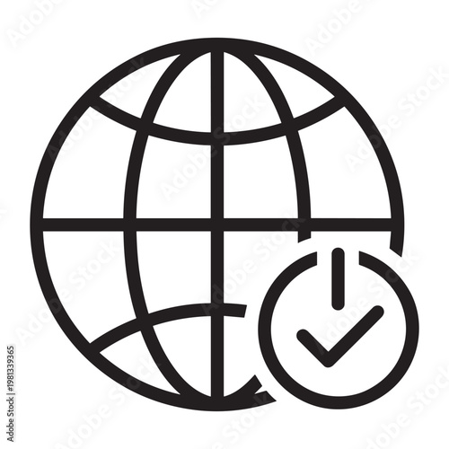 Global check icon with earth globe and power button tick vector art