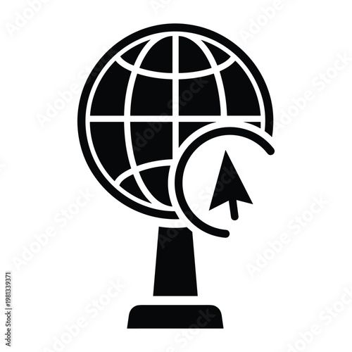 Black silhouette globe icon with cursor arrow for web navigation