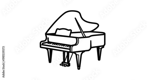 A simple black and white line drawing depicts a grand piano showcasing its elegant form and design