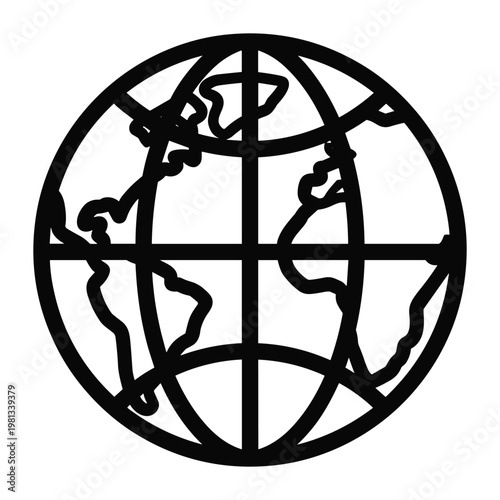 Simple line art globe icon for world map and travel web navigation