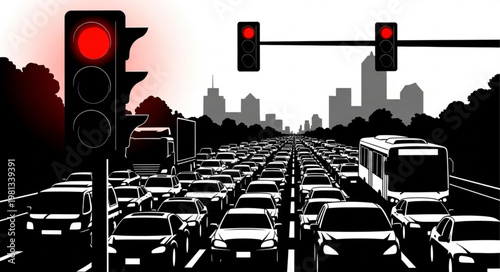 Heavy traffic jam with red traffic lights and city skyline.