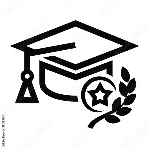 Graduation cap icon with laurel leaves for academic achievement awards