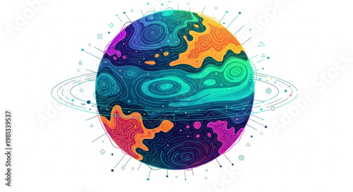 Colorful abstract planet with rings and orbiting elements.