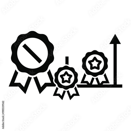 Multiple award badge icons with rising arrow for ranking systems