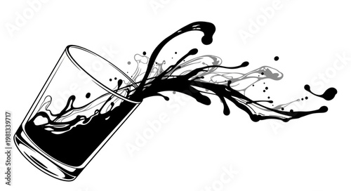 Glass of dark liquid spilling out in a dynamic splash.