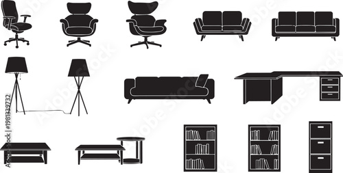 Modern Home and Office Furniture Silhouette Set, Living Room Workspace and Interior Decor Vector Icons